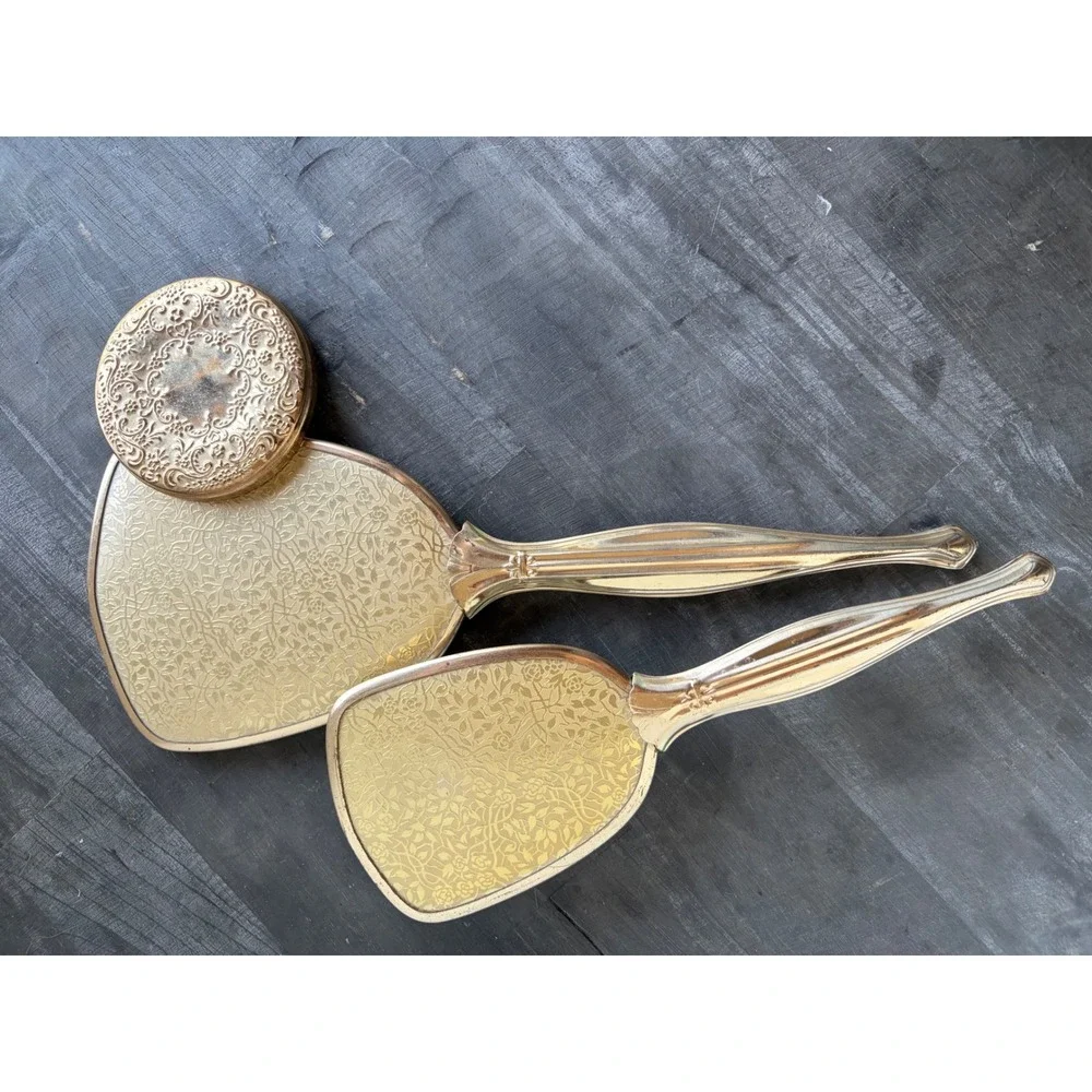 Vintage Gold Tone Floral Vanity Set Hand Mirror Hairbrush Compact 3 Piece Set
